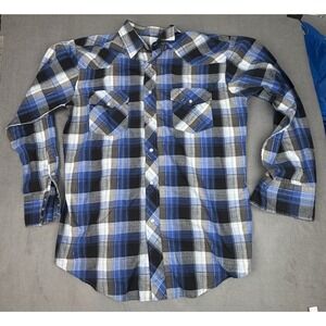 Roper Western Pearl Snap Shirt Mens Large Blue Gingham Plaid Lightweight Rock